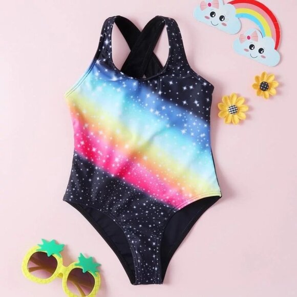 Shein Girls Swimsuits Rainbow Bathing Suits One Piece Swimwear - Size 160, NWOT - Picture 1 of 6